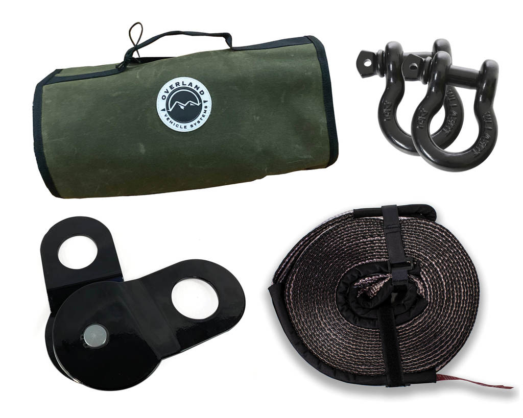 Overland Vehicle Systems - OVS | Recovery Wrap Kit Including 20" Tow Strap Pair of Black D-Rings Snatch Block & Canvas Bag