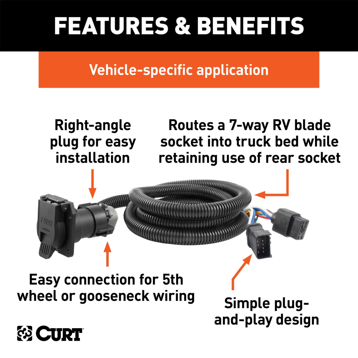 CURT | 7' Custom Wiring Extension Harness; Adds 7-Way RV Blade to Truck Bed  | 56071