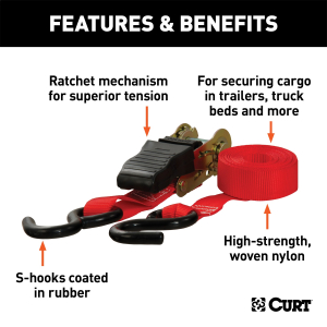 CURT - 10' Red Cargo Straps with S-Hooks (500 lbs, 2-Pack) - Image 2