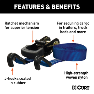 CURT - 16' Blue Cargo Straps with J-Hooks (733 lbs, 2-Pack) - Image 2