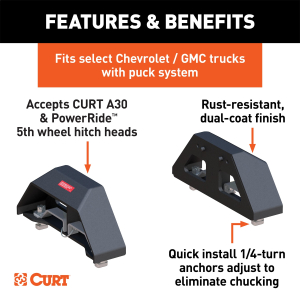 CURT - CURT 16024 A30 Replacement Chevrolet Silverado, GMC Sierra 2500, 3500 HD Puck 5th Wheel Legs, 30,000 lbs, Carbide Black, Hitch Head Required - Image 2