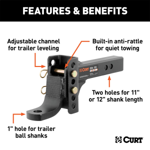 CURT - Adjustable Channel Mount with 1" Ball Hole (2" Shank, 6,000 lbs., 6-3/4" Drop) - Image 2