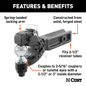 CURT - CURT 48012 Pintle Hitch with 2-5/16-Inch Trailer Ball, Fits 2-1/2-Inch Receiver, 20,000 lbs, 15-Inch Length - Image 2