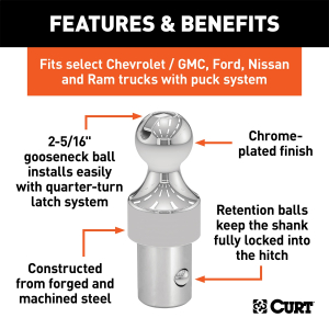 CURT - CURT 60629 30K Factory Style 2-5/16-Inch Gooseneck Ball, Fits Select Chevrolet Ford, GMC, Nissan Titan XD, Ram, Puck System Required - Image 2