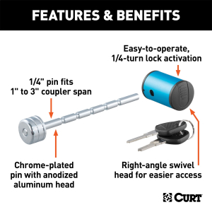 CURT - Coupler Lock (1/4" Pin, 1" to 3" Latch Span, Right-Angle, Chrome) - Image 2