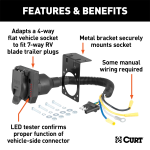 CURT - CURT 57676 4-Way Flat Vehicle-Side to 7-Way RV Blade Trailer Wiring Adapter with Tester - Image 2