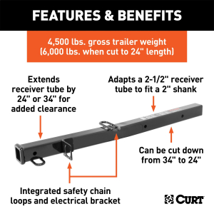 CURT - CURT 45048 Receiver Tube Adapter (2-1/2" to 2" Shank, 4,500 lbs. GTW, 34" Length) - Image 2